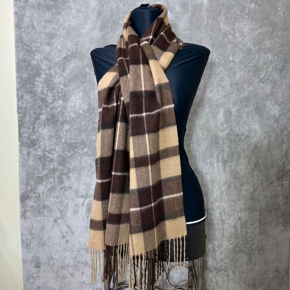 Club Room Dark Brown Plaid 100% Cashmere Scarf fringe soft cozy